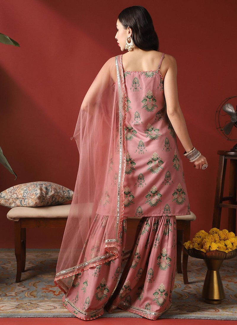 Globus Women Pink Ethnic Print Embroidered Round Neck Strappy Sleeves Kurta With Sharara & Dupatta Festive Set - Image 4